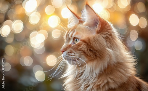 A majestic orange cat sitting gracefully in soft, illuminated surroundings du...