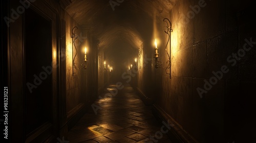 Into the Unknown - Dark Corridor with Flickering Torches and Eerie Shadows