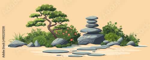 Peaceful zen garden with raked sand Vector flat minimalistic isolated illustration