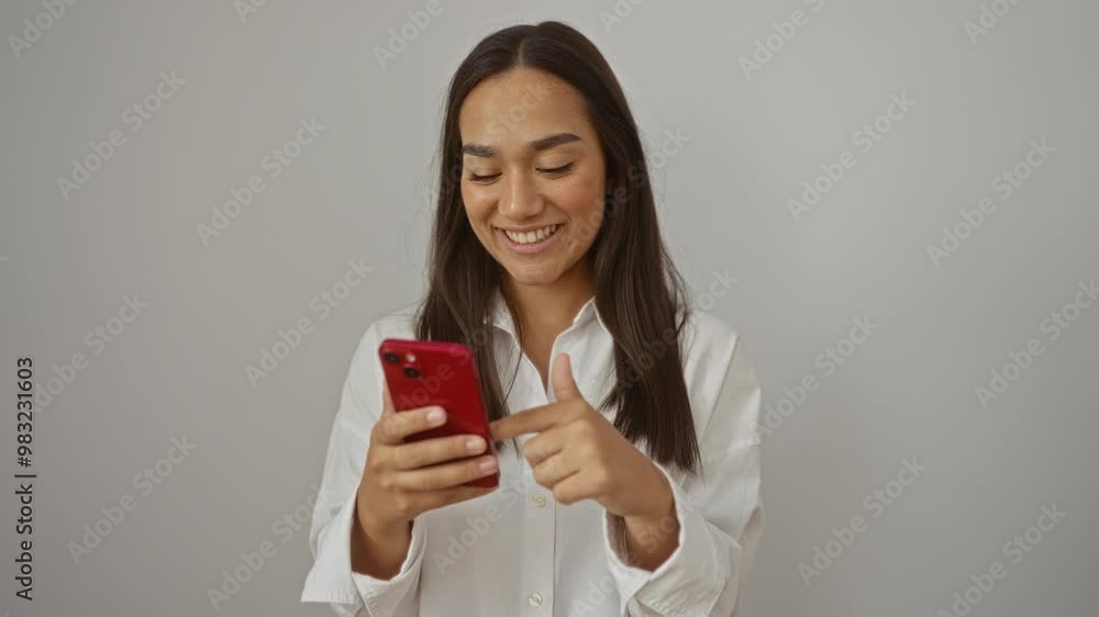 Young, woman, brunette, smiling, using, smartphone, indoors, white, shirt, happy Young, woman, brunette, smiling, using, smartphone, indoors, white, shirt, happy