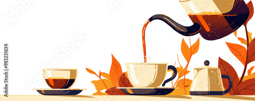 Coffee pot pouring coffee into a cup, with a rustic background, Vector flat minimalistic isolated illustration