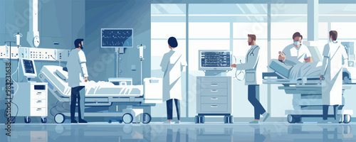Medical staff at the intensive care unit in a hospital. Vector flat minimalistic isolated illustration.