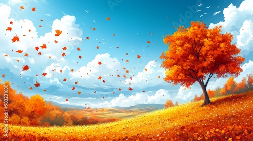 Autumn landscape showcasing vibrant foliage and rolling hills beneath a blue sky