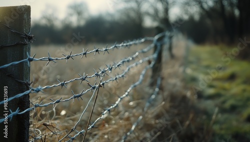 Barbed wire fence along a rural field at dusk with gentle sunlight illuminati...