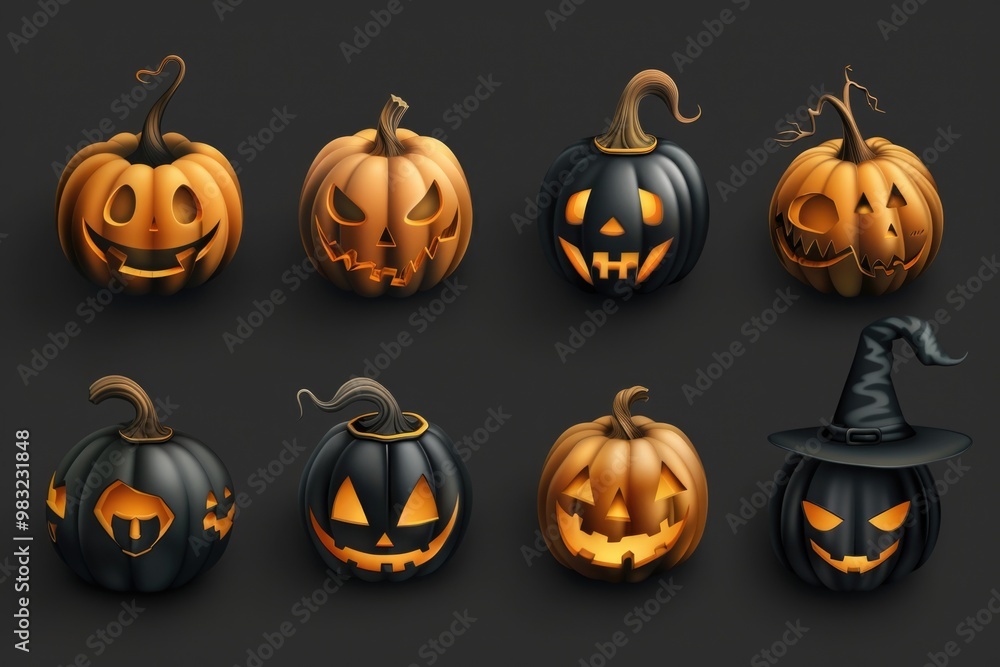 A collection of Halloween pumpkins arranged on a black background, ideal for seasonal decoration or design projects A collection of Halloween pumpkins arranged on a black background, ideal for seasonal decoration or design projects