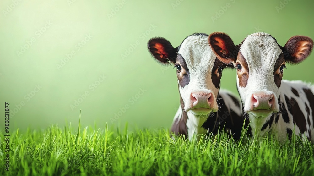 Fototapeta premium A serene sunset view with a cow grazing in a lush green field on a warm evening