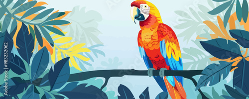 Colorful parrot perched on a tree branch, Vector flat minimalistic isolated illustration