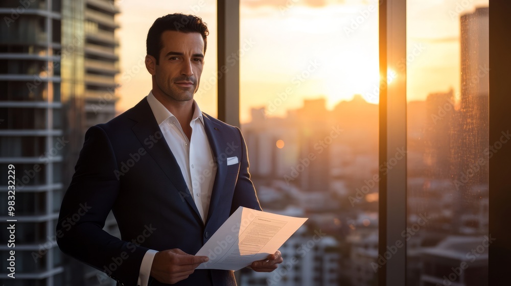 Fototapeta premium Professional Man with Documents Against City Skyline at Sunset