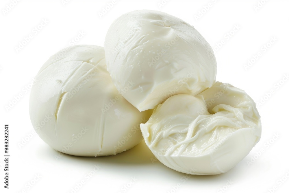 A cluster of mozzarella cheese balls on a clean white surface, ideal for food styling and photography A cluster of mozzarella cheese balls on a clean white surface, ideal for food styling and photography