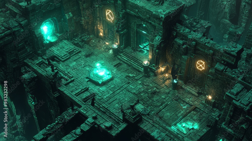 Naklejka premium Enigmatic 3D Dungeon of Dark Magic: Intricate Chambers and Tension-Filled Atmosphere