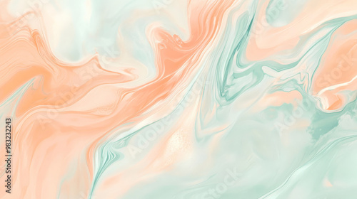 Soft pastel liquid marble texture with flowing shades of peach and mint, creating a calming, serene abstract background.