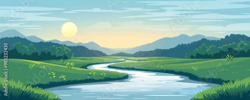 Tranquil river winding through a serene countryside. Vector flat minimalistic isolated illustration.