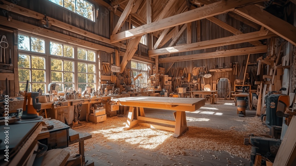 A spacious woodworking workshop lit by natural light, showcasing various tools, workbenches, and wood shavings on the floor. A spacious woodworking workshop lit by natural light, showcasing various tools, workbenches, and wood shavings on the floor.