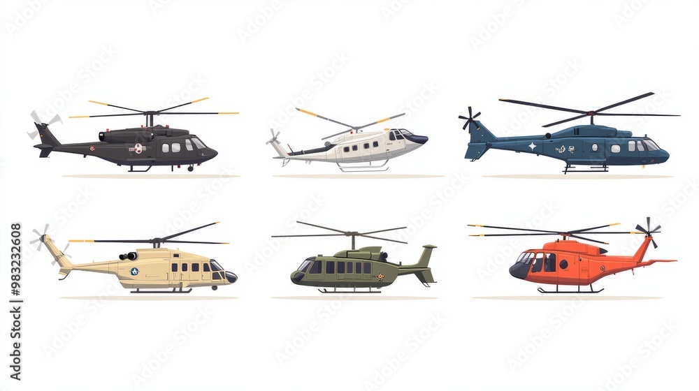 Fototapeta premium Diverse Collection of Helicopter Illustrations in Various Colors