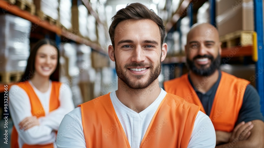 Three men in orange vests are smiling for the camera Three men in orange vests are smiling for the camera
