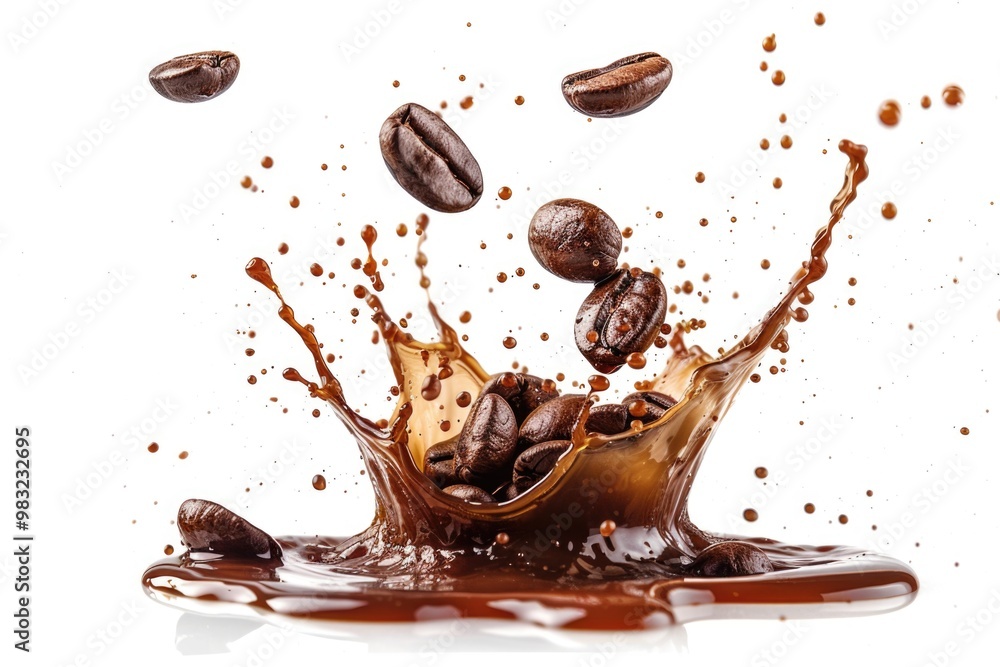 A close-up view of coffee beans scattered on a white background A close-up view of coffee beans scattered on a white background