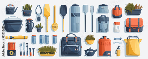 Outdoor equipment on a clean white surface. Vector flat isolated illustration.
