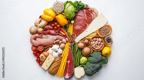 Fototapeta Naklejka Na Ścianę i Meble -  Healthy Nutrition Meal Plan, A Circle Layout of Food For A Balanced Diet, On A White Background,.