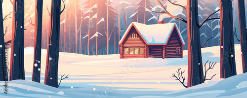 Cozy cabin in a snowy forest, Vector flat minimalistic isolated illustration