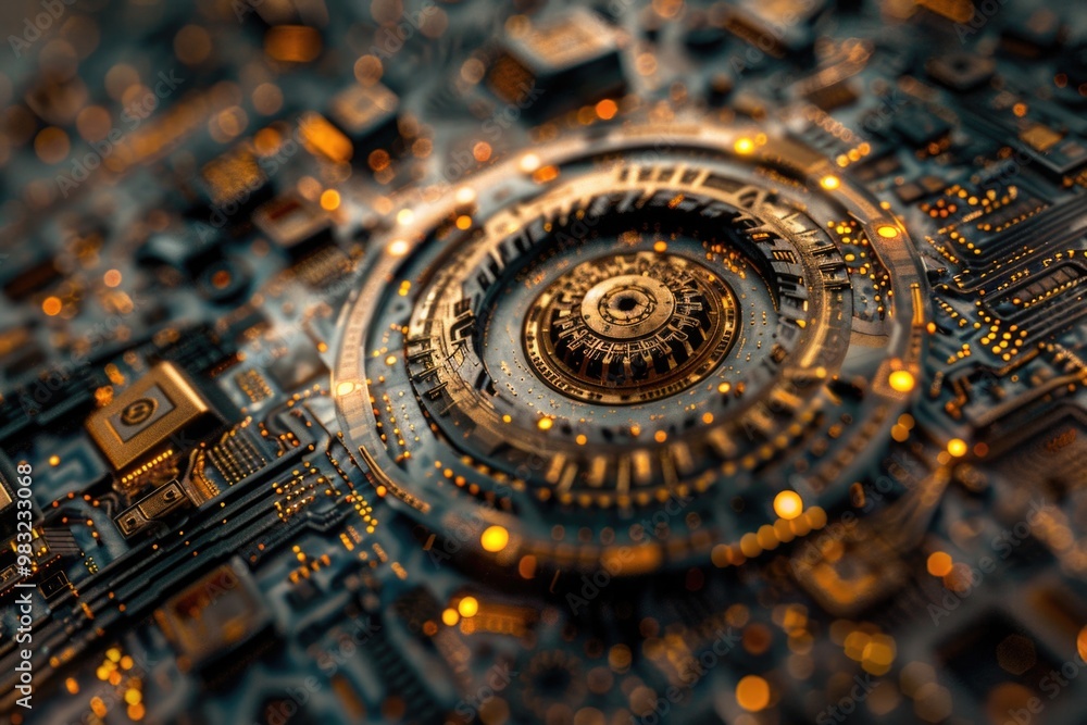 A close-up shot of a circuit board featuring a clock component A close-up shot of a circuit board featuring a clock component