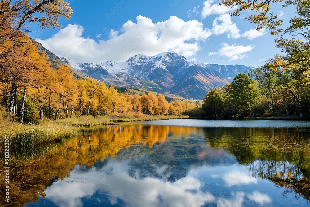 Tranquil Autumn Landscape with Mountain Reflections in Still Lake Tranquil Autumn Landscape with Mountain Reflections in Still Lake