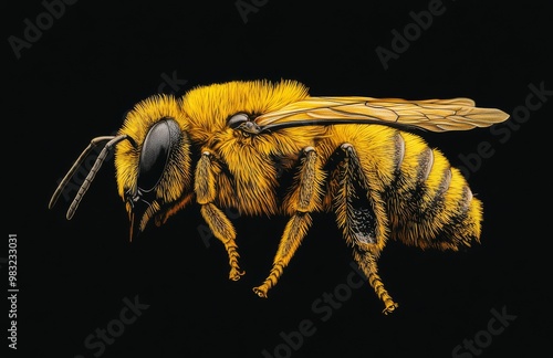 Detailed close-up of a vibrant yellow bee on a black background in natural light