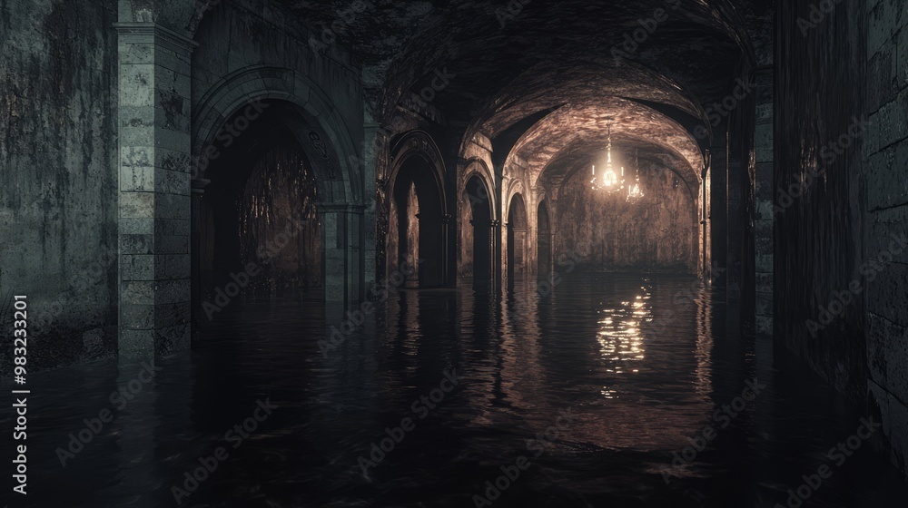 Obraz premium Abyssal Depths: Surreal 3D Visualization of Eerie Dungeon with Dark Water, Reflections, and Echoes
