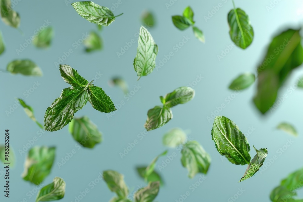 Aerial view of green leaves suspended in mid-air, great for nature and environment concepts Aerial view of green leaves suspended in mid-air, great for nature and environment concepts