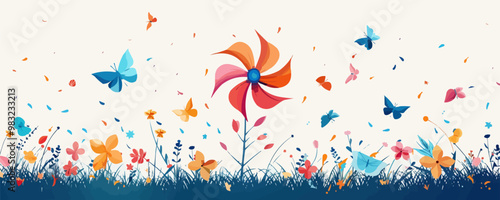 A colorful pinwheel spinning in a summer breeze. Vector flat minimalistic isolated illustration