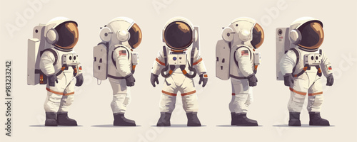 Spacesuit toys on a white backdrop. Vector flat isolated illustration.