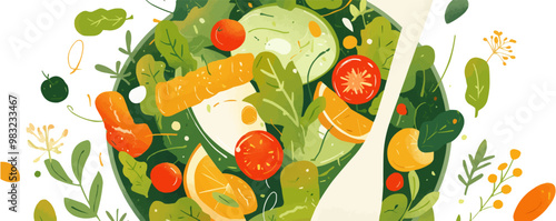 Create a vibrant salad bowl with mixed greens, cherry tomatoes, cucumbers, and dressing. Vector flat minimalistic isolated illustration.