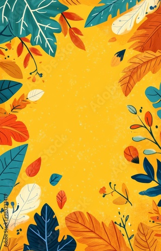 Colorful autumn leaves frame a blank space on a warm yellow background in vib...
