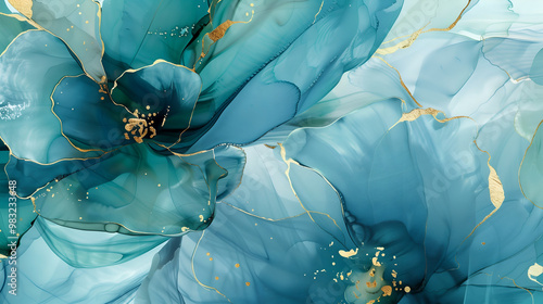 Vibrant blue and teal marble ink background with intricate floral patterns and golden accents