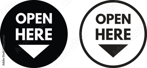 Open here icon set in two styles . Open here label icon for packaging . Vector illustration