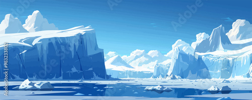 A breathtaking glacier vista with towering ice formations and crystal-clear blue skies. Vector flat minimalistic isolated illustration.