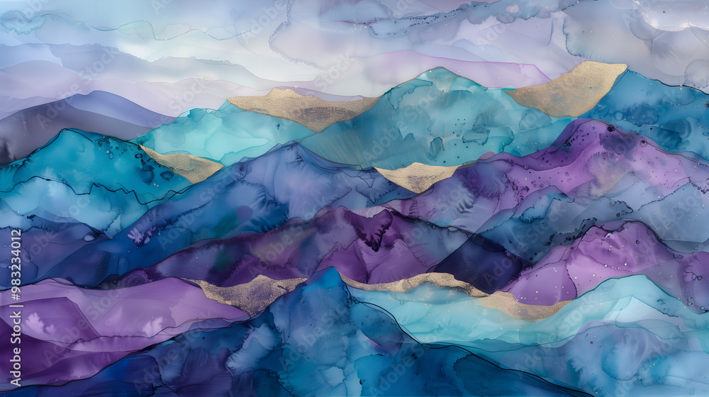 Artistic representation of mountains in a marble ink background with vibrant colors and texture Artistic representation of mountains in a marble ink background with vibrant colors and texture