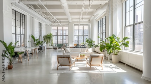 A bright coworking space with large windows, natural light flooding in, and clean white walls, creating a fresh and airy atmosphere without any people in the picture.