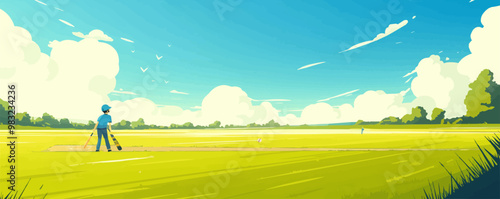 Cricket in a grassy field, Vector flat minimalistic isolated illustration