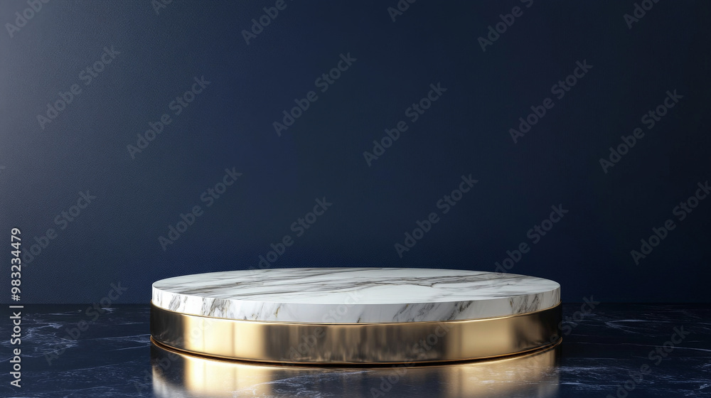 Luxurious round platform with a glossy gold pedestal and marble surface, set against a dark navy background with elegant lighting. Luxurious round platform with a glossy gold pedestal and marble surface, set against a dark navy background with elegant lighting.
