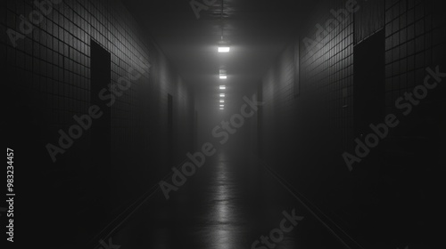 Eerie 3D Visualization of Shadowy Corridor with Flickering Lights and Unsettling Atmosphere
