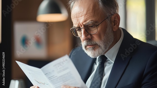 A mature businessman with glasses intensely studying financial documents in a professional office setting.