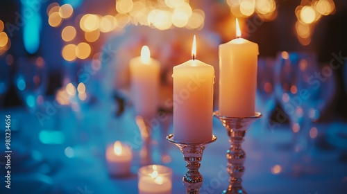 Romantic candlelit dinner setting with sparkling lights in the background at ...