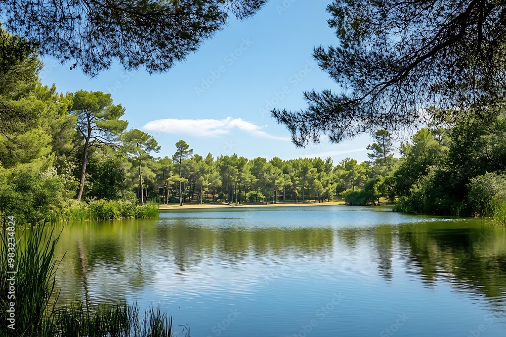 Fototapeta premium Tranquil lake with lush greenery, blue sky, and white clouds. Peaceful nature landscape.