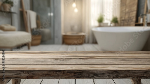 "Empty wooden tabletop with a blurred bathroom interior in the background, ideal for product display or promotional montage."