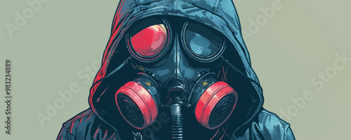 Fashion cyberpunk girl in leather hoodie jacket wears gas mask with protective glasses. vector simple illustration