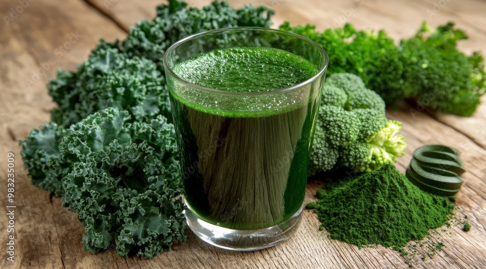 Fresh green smoothie made from kale and spirulina beside leafy greens on a wooden table Fresh green smoothie made from kale and spirulina beside leafy greens on a wooden table