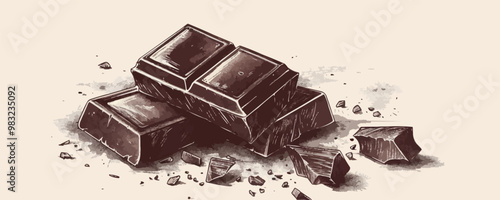 Broken chocolate bar and pieces of chocolate hand drawn engraving style sketch. vector simple illustration