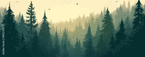 Dense forest with towering dark pine trees, Vector flat minimalistic isolated illustration