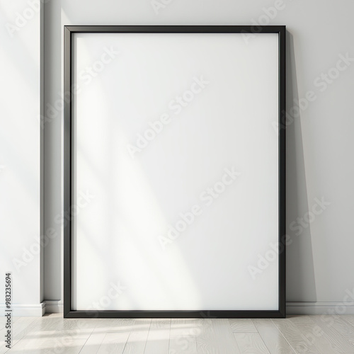 ectangular picture frame on white wall with blank paper in it. You can place your image in this frame. Interior photo. Painting, poster, photograph. Decorate your apartment in a modern style photo