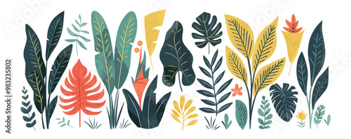 Dense jungle flora collection, Vector flat minimalistic isolated illustration